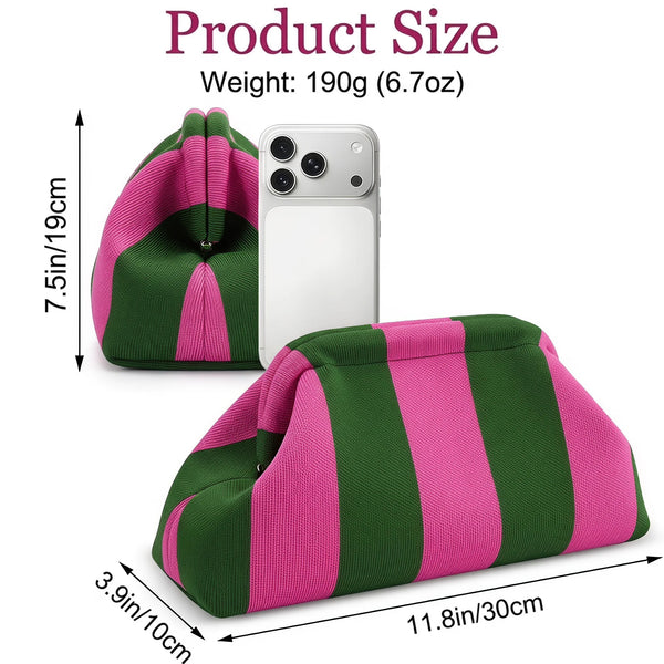 A striped knit clutch bag in pink and green is shown next to a smartphone for size reference.