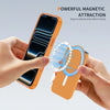 A hand demonstrates the magnetic attraction feature of an orange PU leather phone wallet with a card holder and stand.