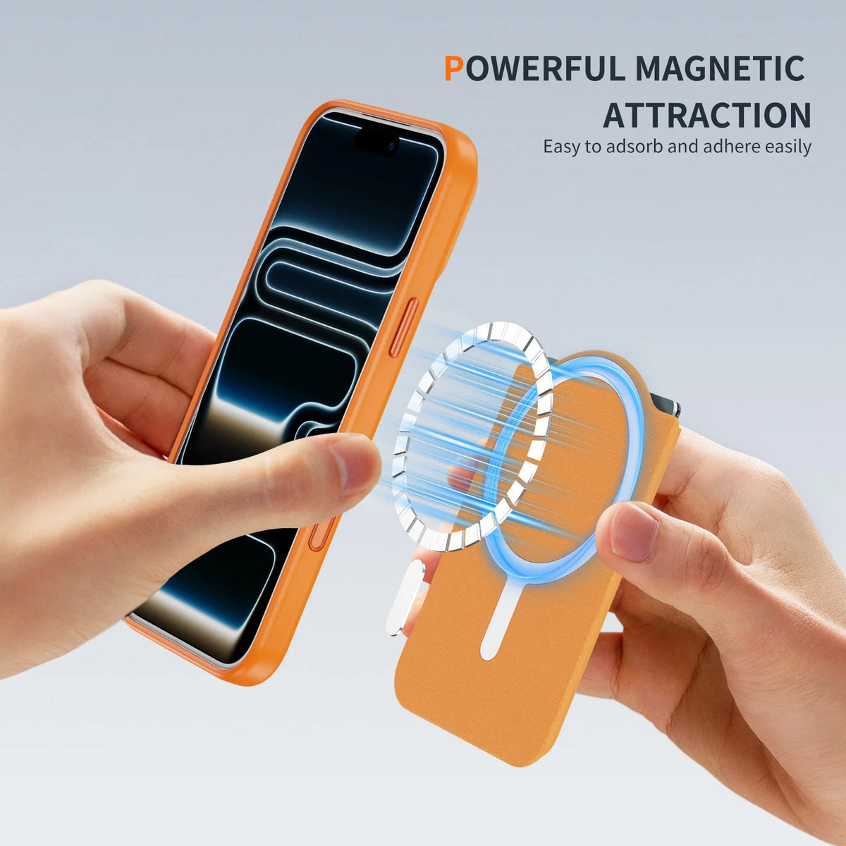 A hand demonstrates the magnetic attraction feature of an orange PU leather phone wallet with a card holder and stand.