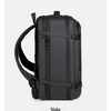Side view of a black expandable travel backpack for laptop and gear