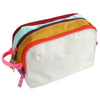A multi-compartment travel toiletry organizer bag with colored accents and a light beige main body.
