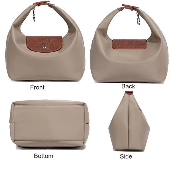 Bolso cruz impermeable de nylon beige, visto desde el frente, atrás, abajo y lateral.