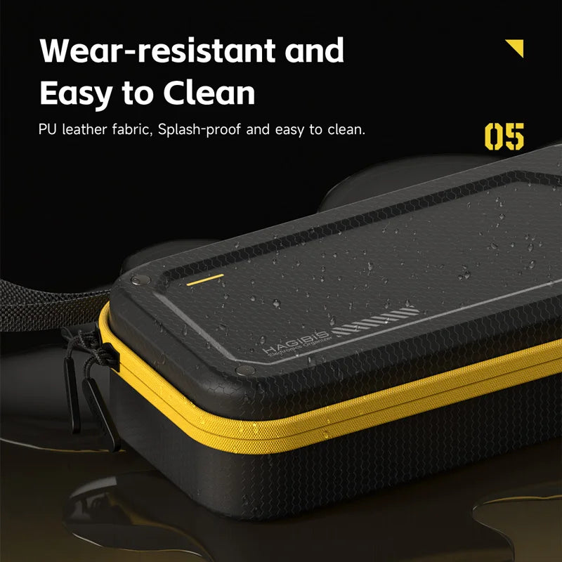 A black and yellow hard shell electronic organizer travel case with a PU leather fabric finish.