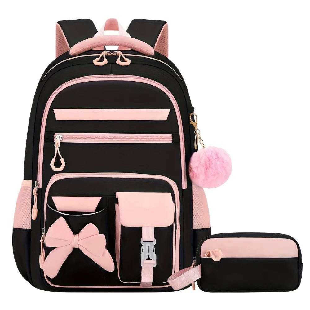 A black and pink 3-piece cartoon school bag set for girls featuring multiple compartments and a fluffy pink charm.