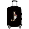 Black premium stretch luggage protective cover with a large gold letter J and pink flowers