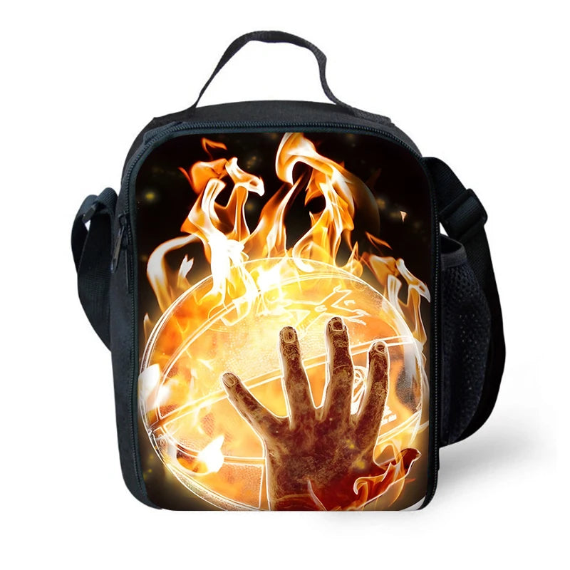 A black cartoon sports backpack featuring a fiery hand design on the front.