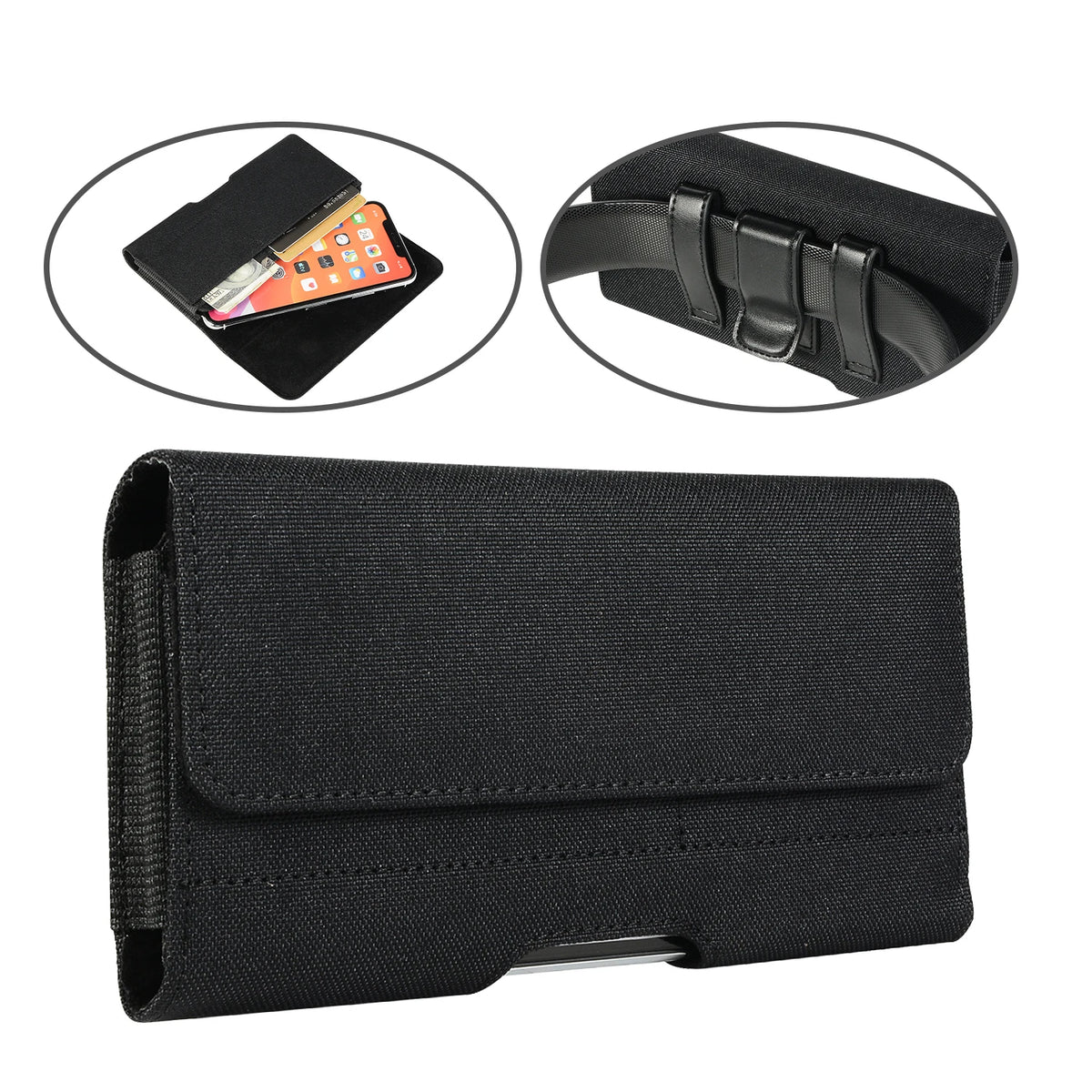 Black nylon phone pouch with a belt clip and an inset showing a credit card.