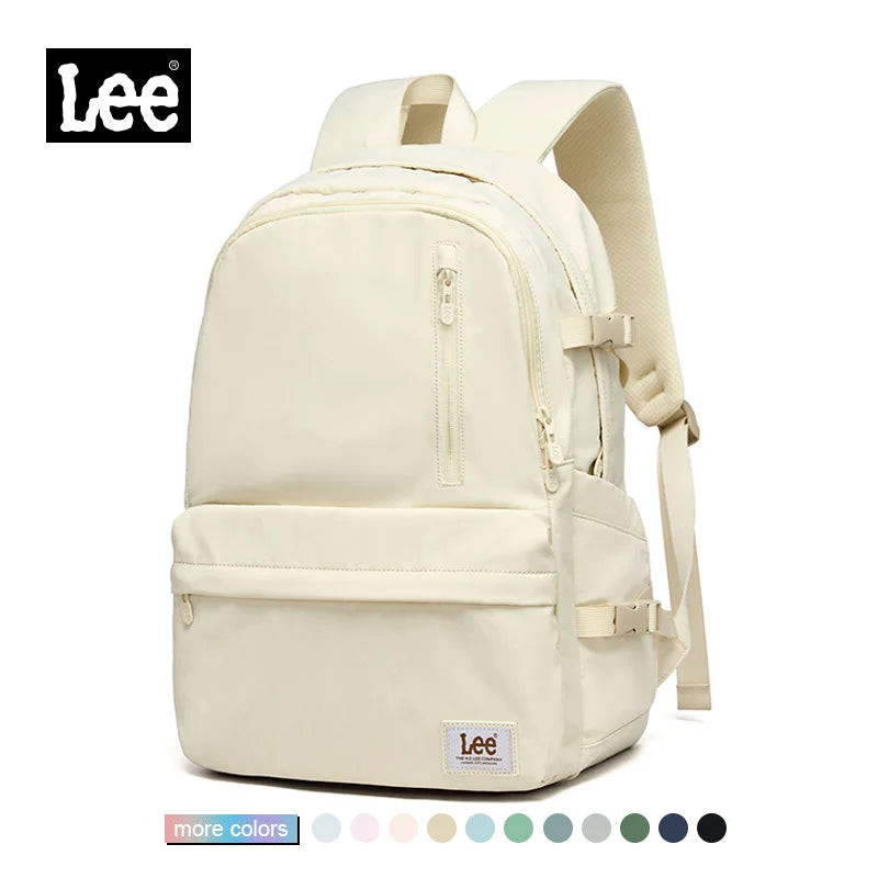 A cream-colored Lee unisex Oxford school backpack with a laptop sleeve shown from the front.