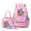 A pink multi-compartment backpack set featuring a vibrant floral pattern and purple accents.