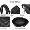 Detail display of a black handwoven vegan leather tote bag featuring woven handles, stitching, and a silver high-quality clut