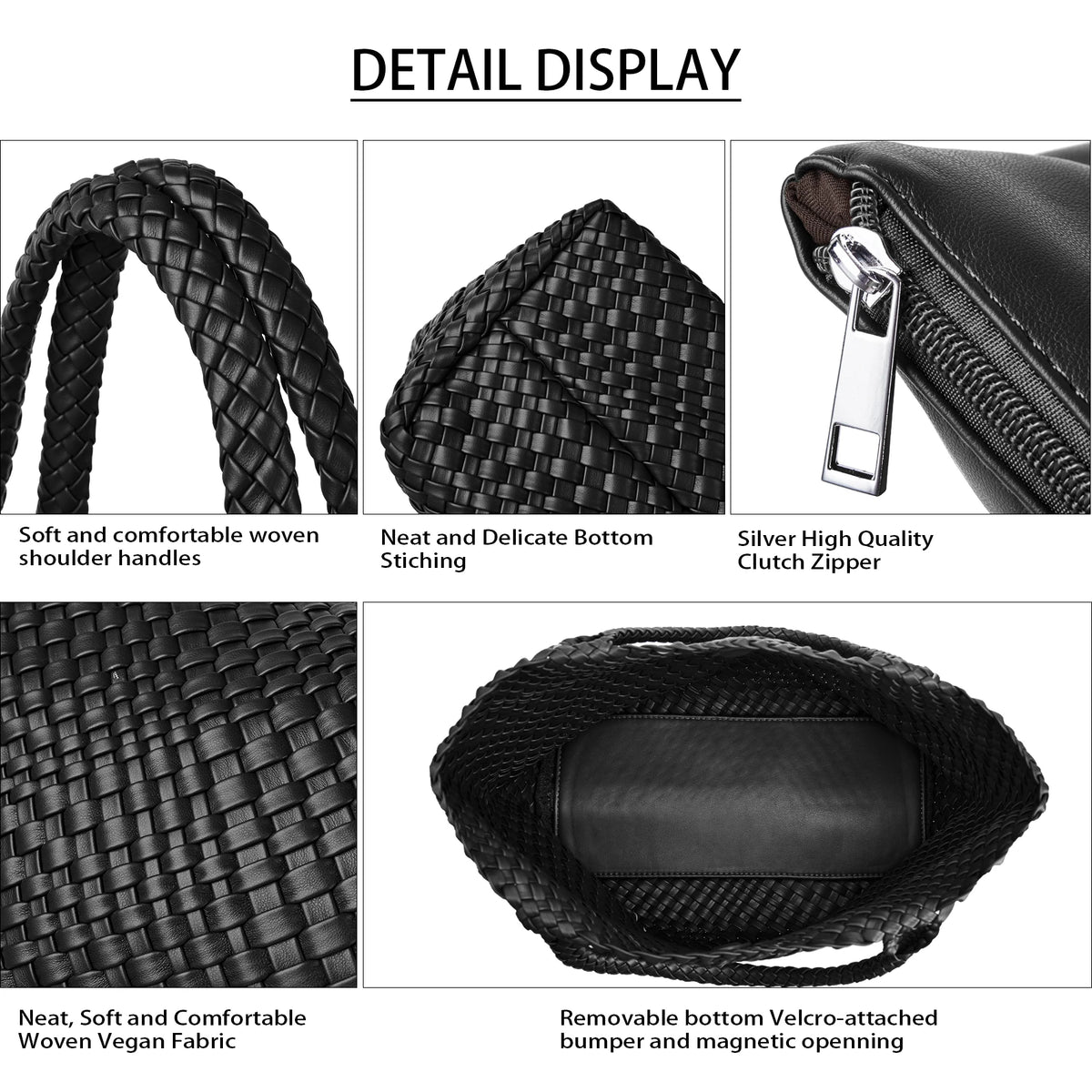 Detail display of a black handwoven vegan leather tote bag featuring woven handles, stitching, and a silver high-quality clut