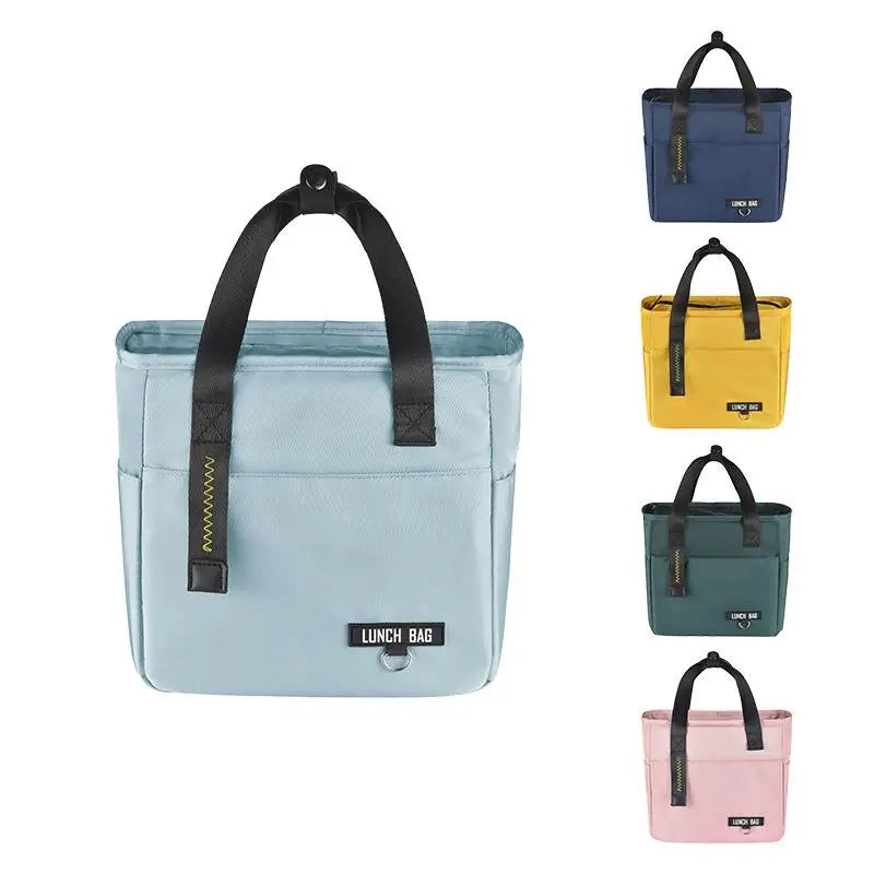A set of four Insulated Lunch Tote Bags in navy blue, yellow, green, and pink.