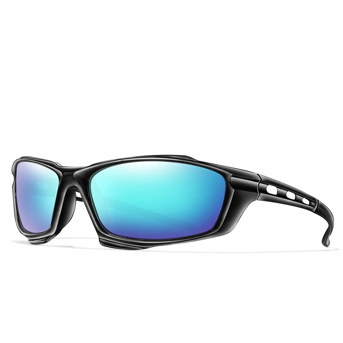 Gafas deportivas negras polarizadas con lentes azules espejados contra un fondo blanco.