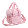 A pink insulated quilted lunch bag with a carrying strap is shown.