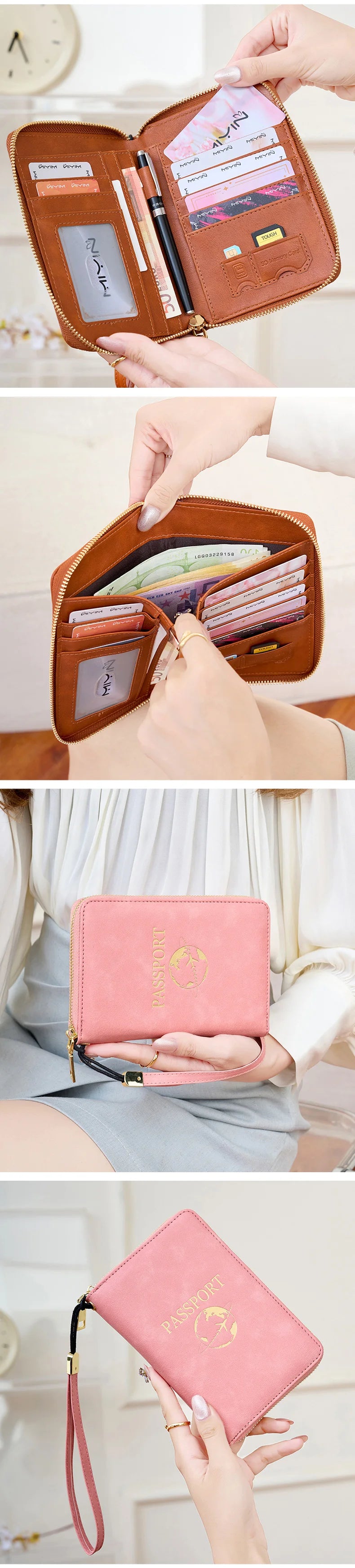 A pink passport wallet with a leather wrist strap is shown open and closed in various angles.
