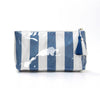 A cosmetic storage pouch featuring vertical blue and white stripes with a tassel closure.
