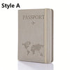 A beige slim passport holder with a leather texture and embossed world map design.