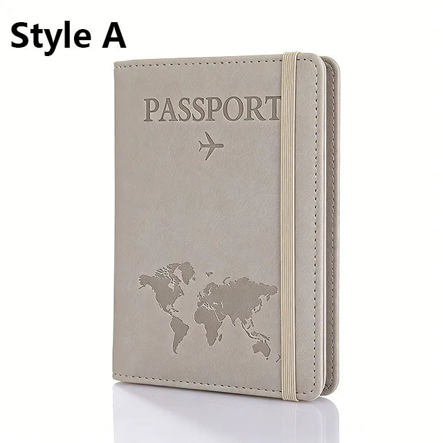 A beige slim passport holder with a leather texture and embossed world map design.