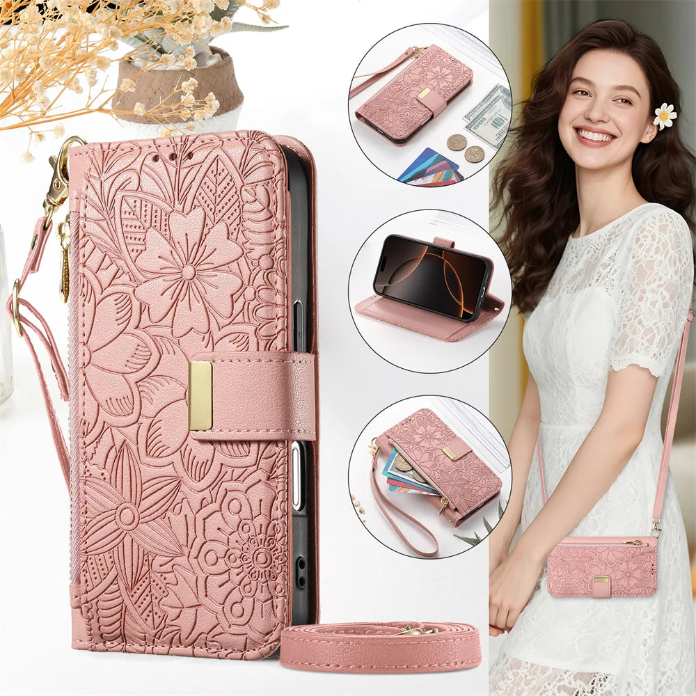 A pink patterned zippered leather crossbody phone wallet case for an iPhone displayed next to a model.