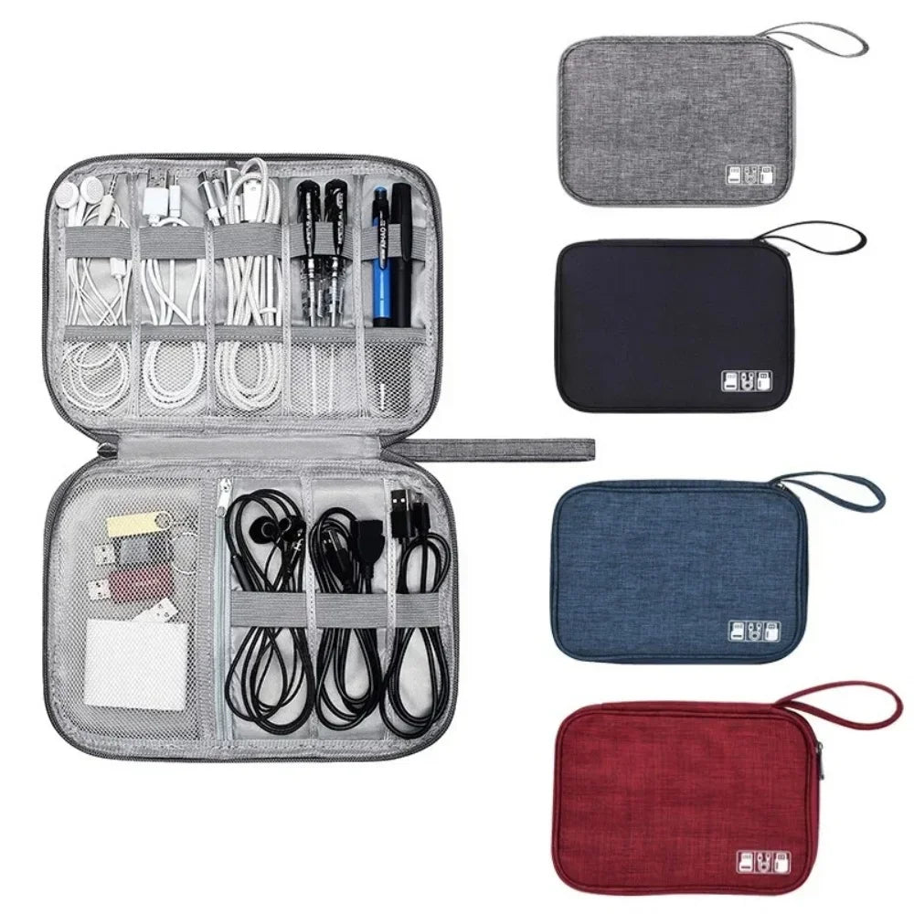 A set of gray and black waterproof pouches for organizing and storing various electronic cables and accessories.