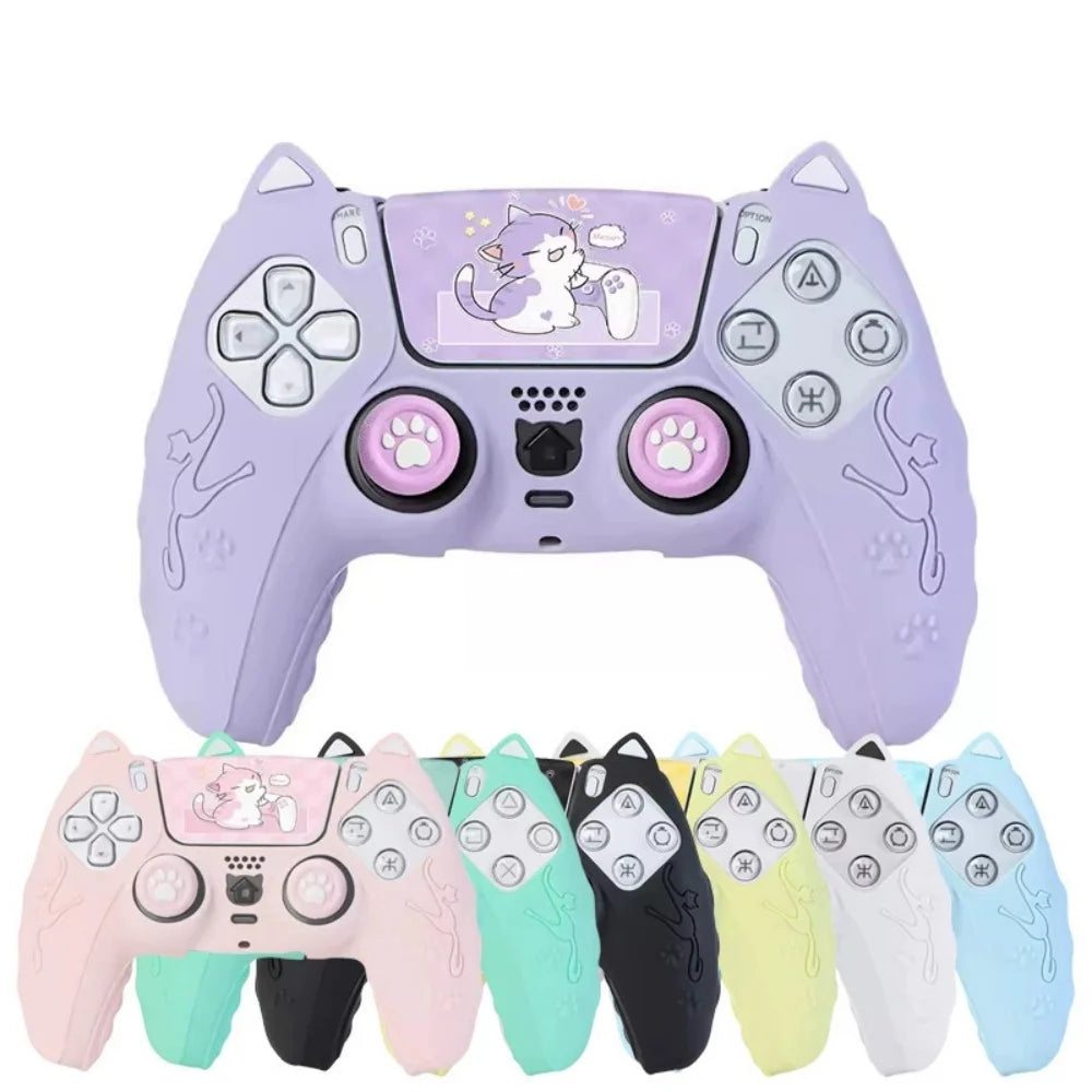 A collection of silicone grip covers in various pastel colors and cat designs for a PlayStation 5 controller.