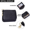 Detail display of a black genuine leather RFID blocking women's wallet showing various features like ID windows and zipper po