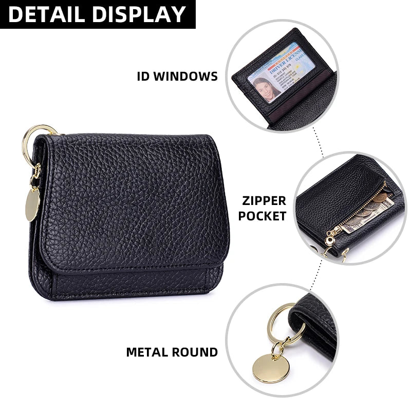 Detail display of a black genuine leather RFID blocking women's wallet showing various features like ID windows and zipper po