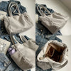 A light beige casual corduroy handbag shown in various angles against a denim background.