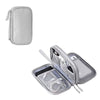 A silver waterproof cable organizer storage bag shown closed and open displaying various cables.