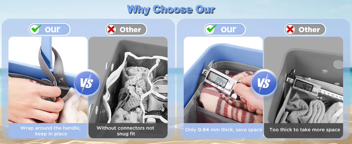 Comparison of a mesh organizer insert for tote bags showing features like grip, connectors, and space saving.
