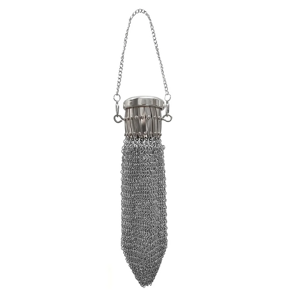 Silver vintage coin purse with a chain and a textured metal body
