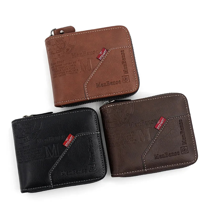 A brown MenBense vintage PU leather wallet with a coin pocket and card holder shown from the top.