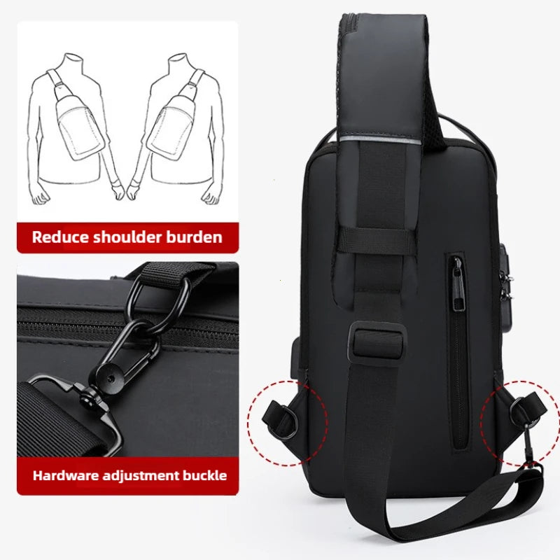 Black anti-theft zippered men's crossbody bag with adjustable hardware and strap.