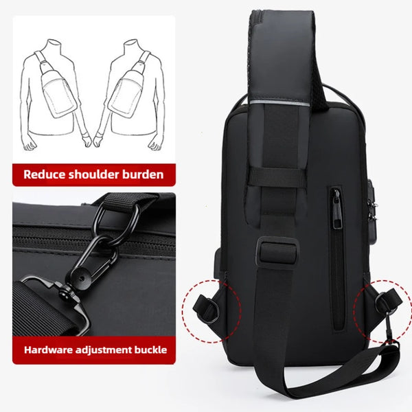 Black anti-theft zippered men's crossbody bag with adjustable hardware and strap.