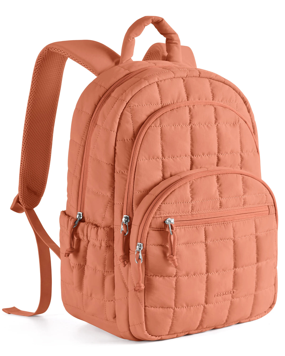 A terracotta orange quilted laptop backpack with a padded shoulder strap.