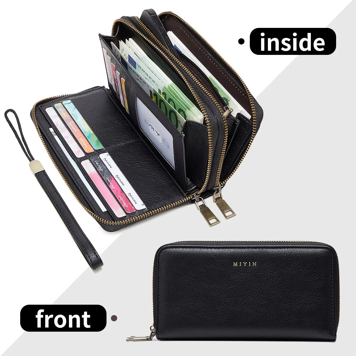 A black vintage double-zipper wallet is shown open revealing cash and cards, with a separate front view of the wallet.