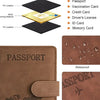 Cartera de cuero PU marrón para pasaporte con cierre cosido y texto en relieve.