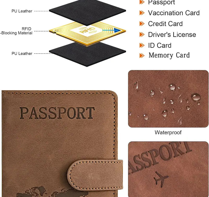 Cartera de cuero PU marrón para pasaporte con cierre cosido y texto en relieve.