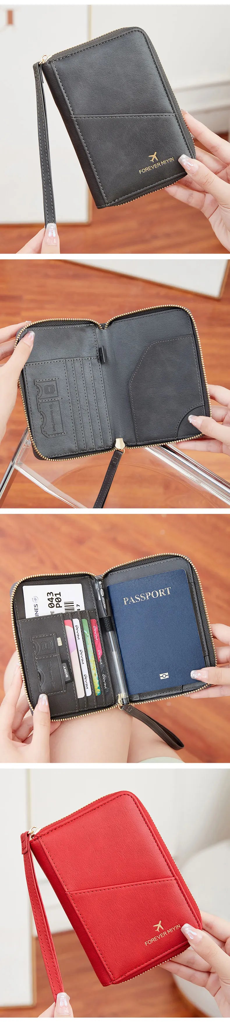 A close-up of a black RFID-blocking passport wallet with a zipper closure and leather trim being held by a hand.