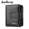 Black leather card holder wallet with a stitched design and gold lettering.