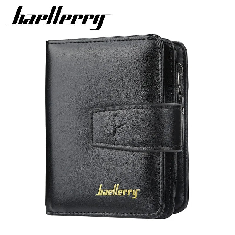 Black leather card holder wallet with a stitched design and gold lettering.