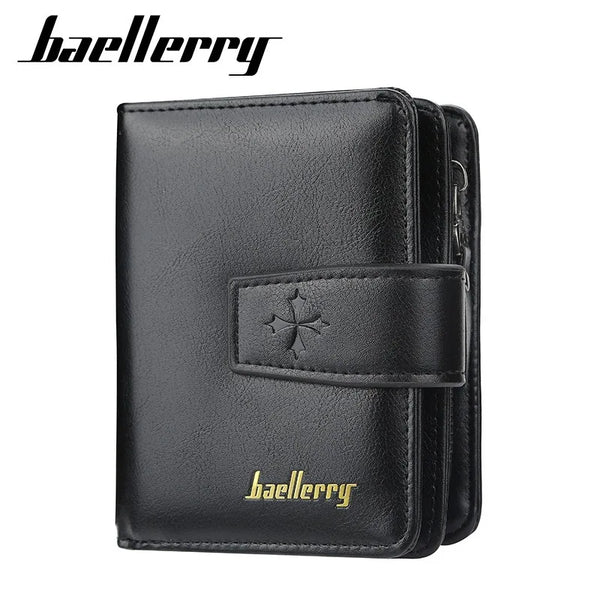 Black leather card holder wallet with a stitched design and gold lettering.