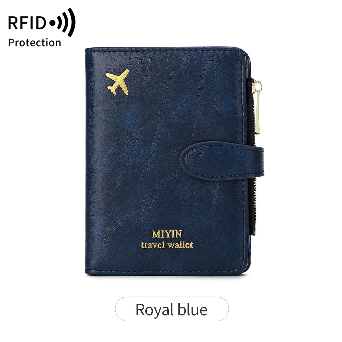 A dark blue multi-functional PU leather travel wallet with a gold airplane emblem.
