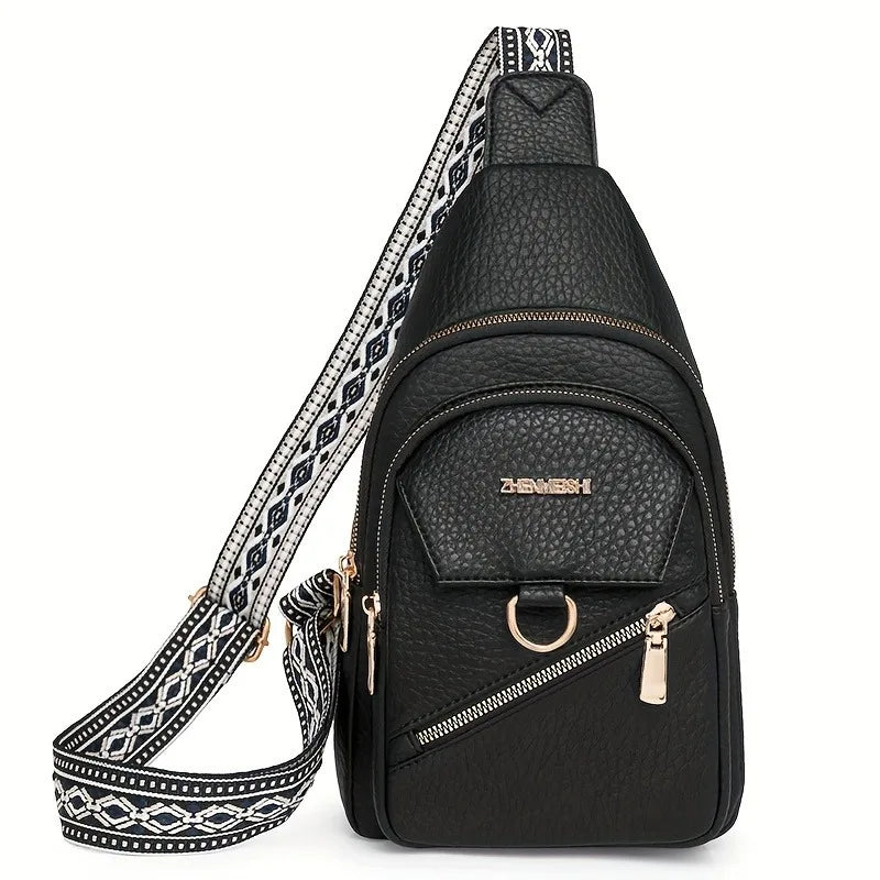Schwarze Kunstleder-Crossbodytasche mit gemusterter Riemen und goldfarbigen Details