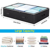 A black under bed storage organizer with a clear lid showing various folded items like a comforter, blankets, pillows, and cl
