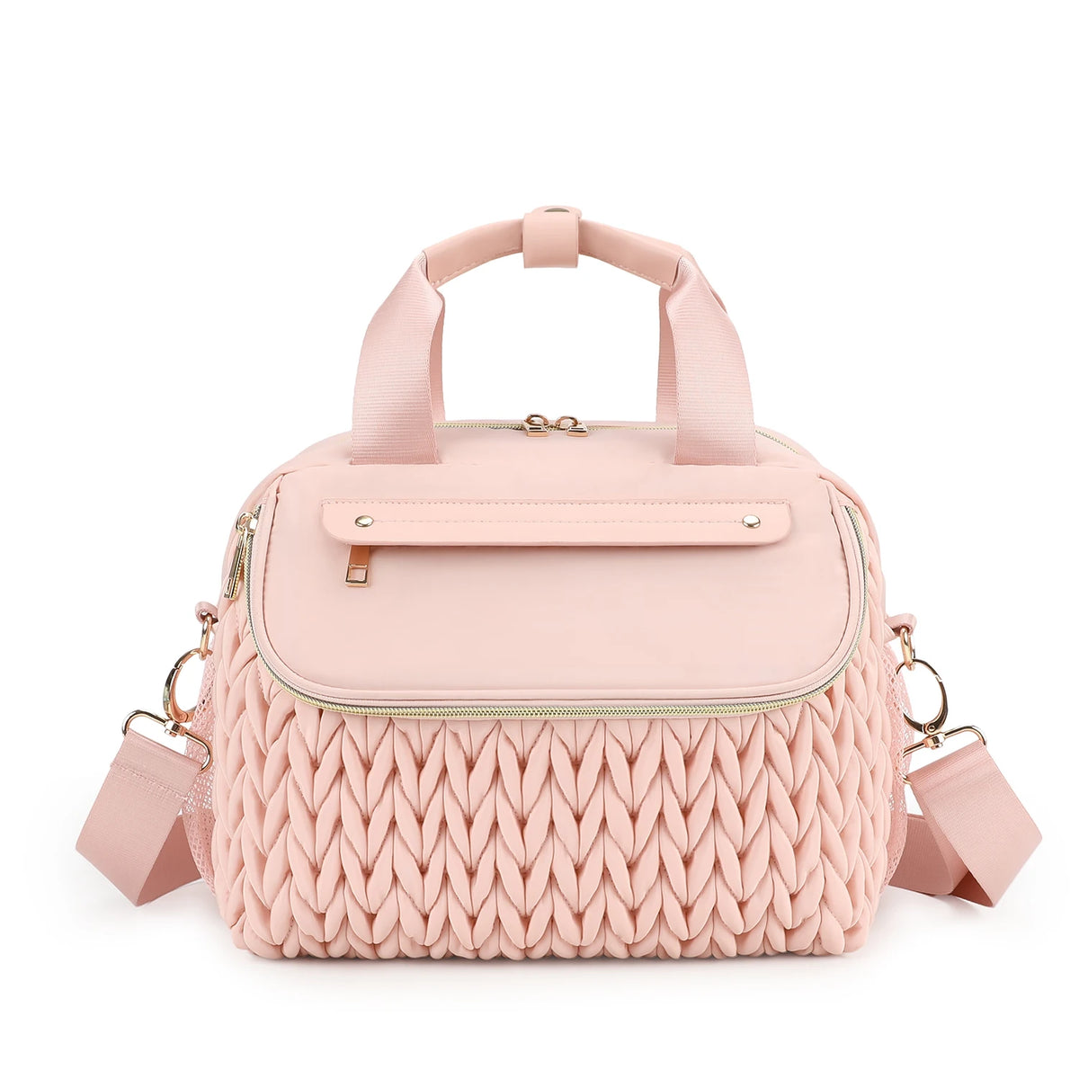A light pink quilted mommy bag with a zipper and strap is shown from the front.
