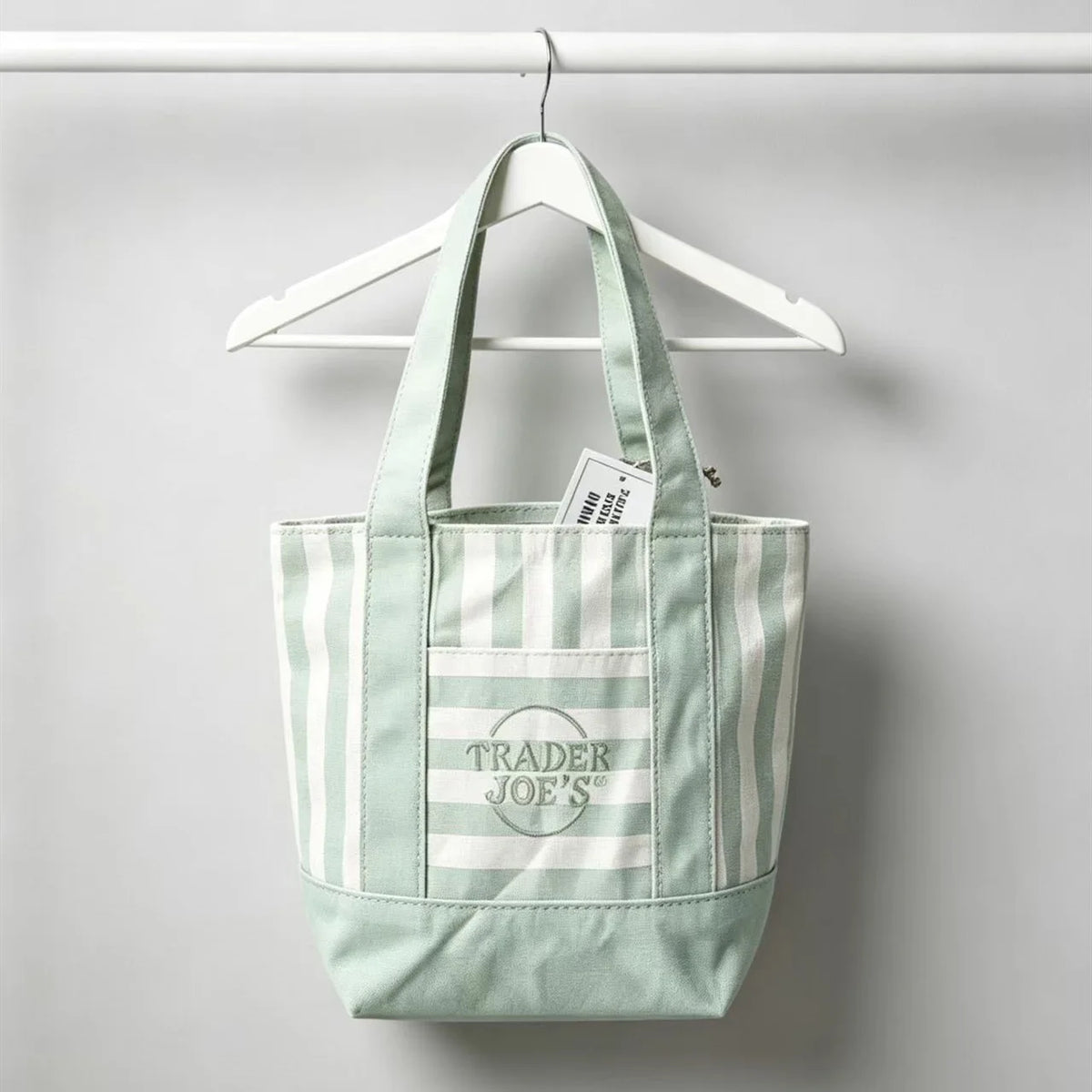 Una bolsa de lona a rayas verde claro y blanco colgada en una percha blanca contra una pared gris.