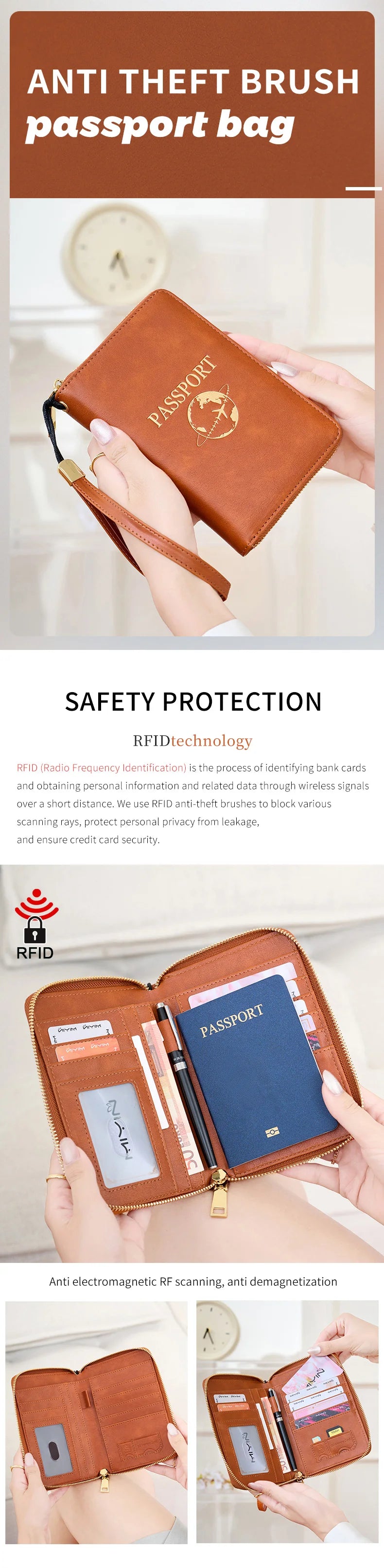 A brown leather passport wallet with a wrist strap is shown open, demonstrating RFID protection features.