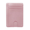 A pink slim leather wallet with a card slot and RFID blocking features.