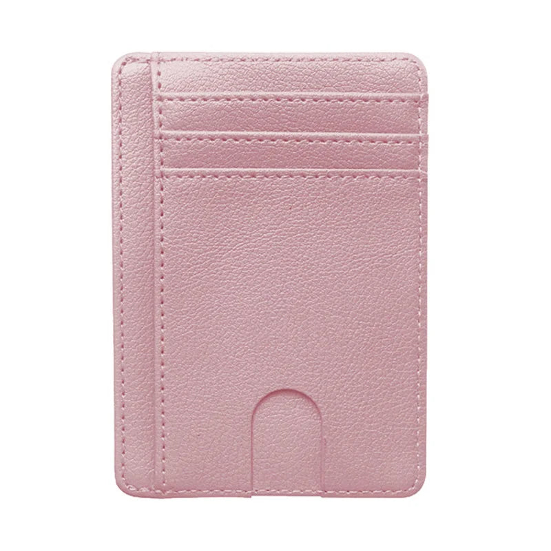 A pink slim leather wallet with a card slot and RFID blocking features.